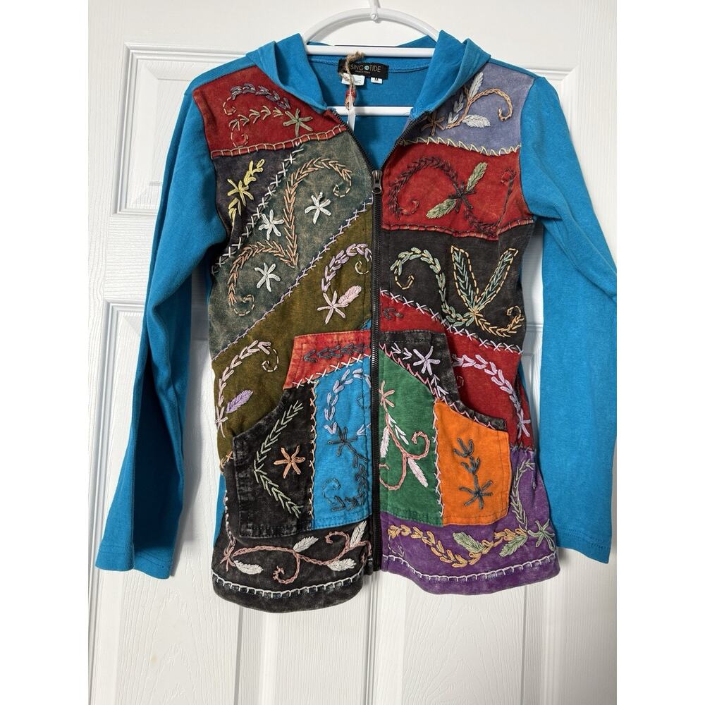 Rising Tide Womens M Colorful Patchwork Boho Hippie Full Zip Hooded Jacket NEW